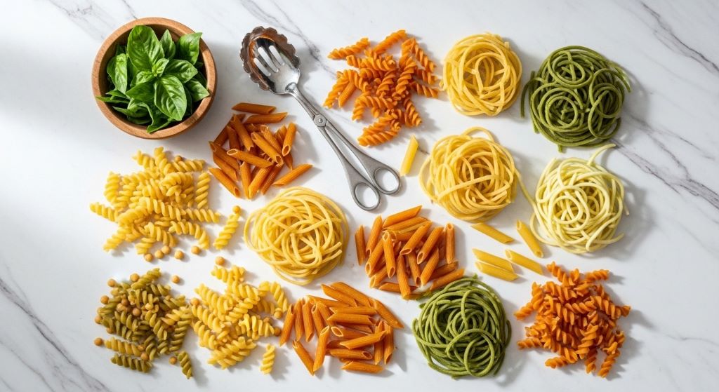 Variety of colorful gluten-free pasta types including chickpea spirals, red lentil penne, and zucchini noodles arranged on white marble countertop