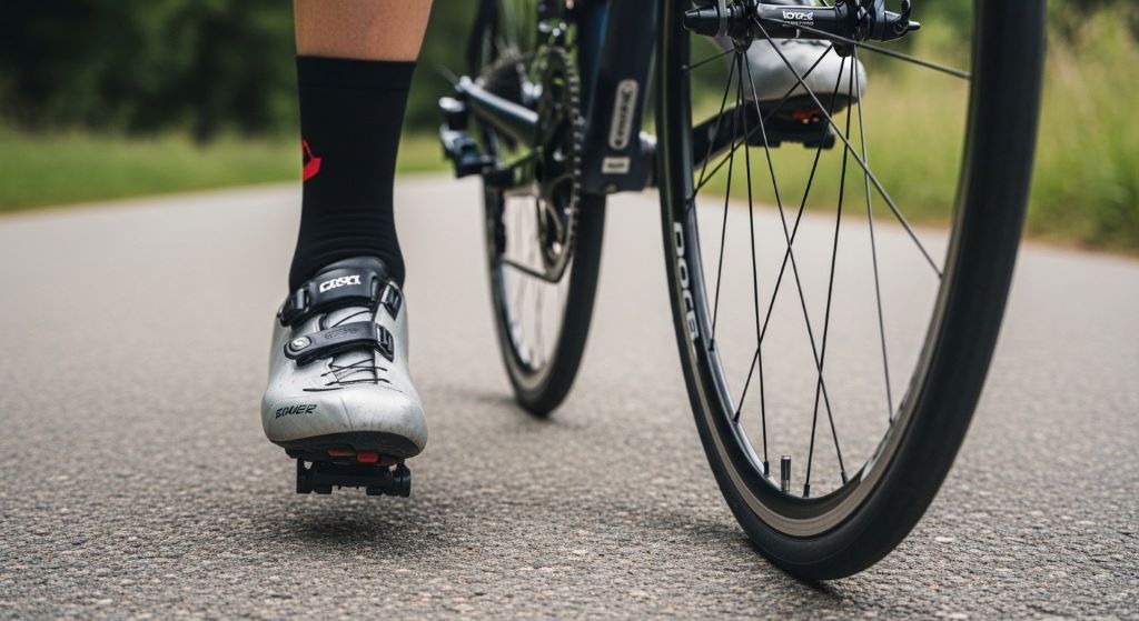 Cyclist's feet in stiff sole road shoes clipped into pedals during long-distance ride