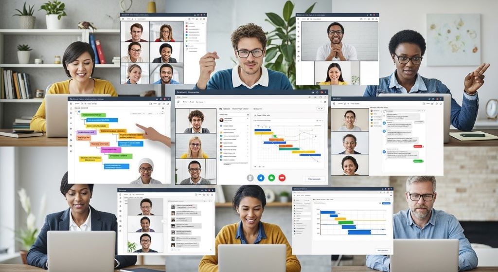 Remote team using virtual collaboration apps and project tracking tools on laptops during video conference
