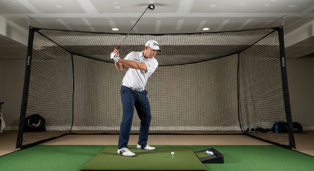 Golfer practicing full swing on home practice mat with proper ceiling clearance and safety net installed