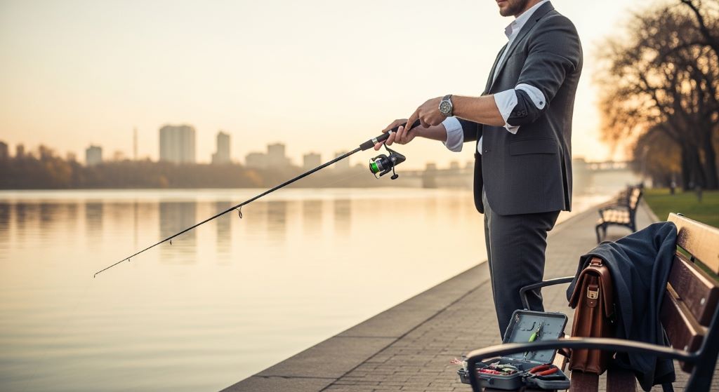 Business traveler fishing at a riverside park with a compact telescopic rod at sunrise