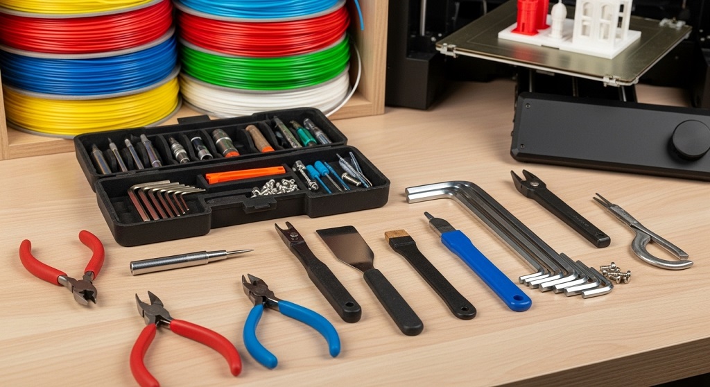 Starter 3D printing workspace with PLA filament and calibration tools