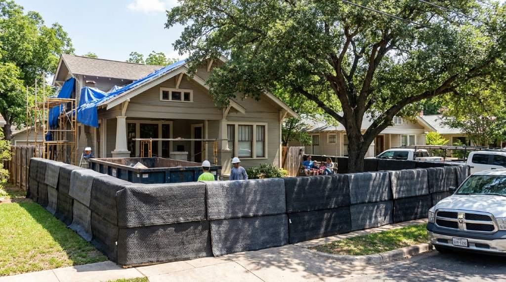 Austin homeowner installing temporary soundproof barriers during renovation