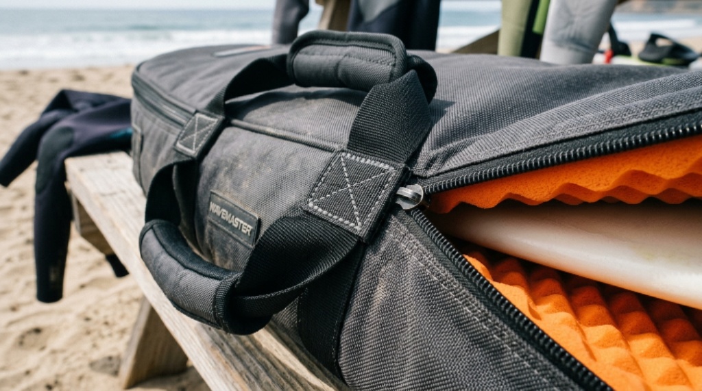 Close-up of impact-resistant surfboard bag showing high-density EVA foam lining and double-stitched reinforced handles