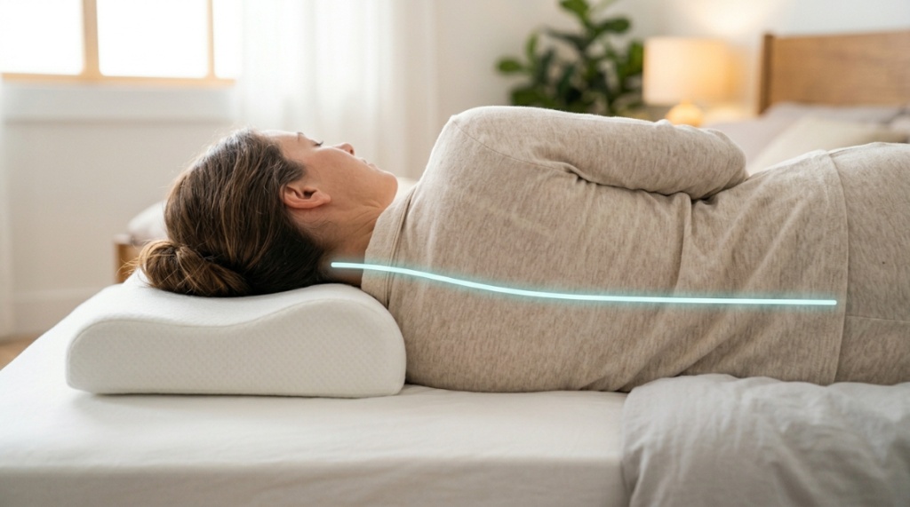 Close up of proper neck and spine alignment on supportive pillow.