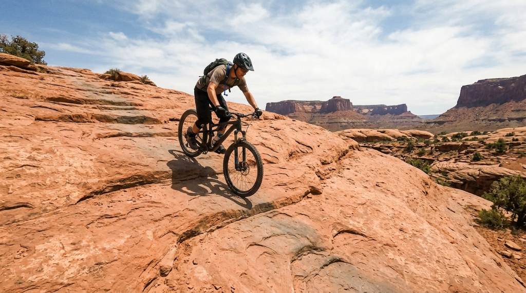Dust covered mountain bike fork on desert terrain