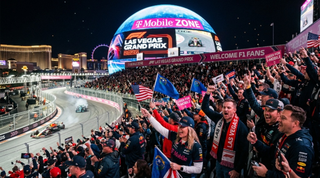 F1 fans cheering from grandstands in the T-Mobile Zone at Sphere during the Las Vegas Grand Prix 2026 race weekend in November