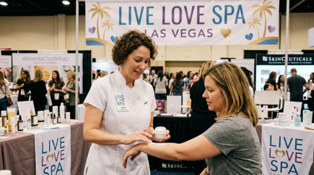 Spa professional testing skincare treatment at Live Love Spa Las Vegas event