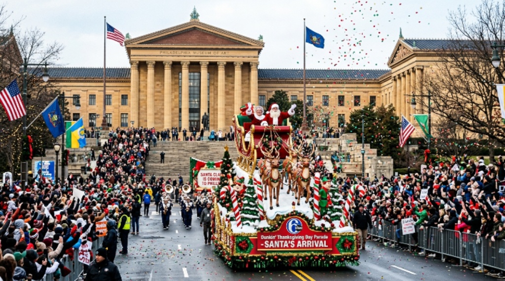 Santa Claus float arriving at the Philadelphia Museum of Art during a holiday parade