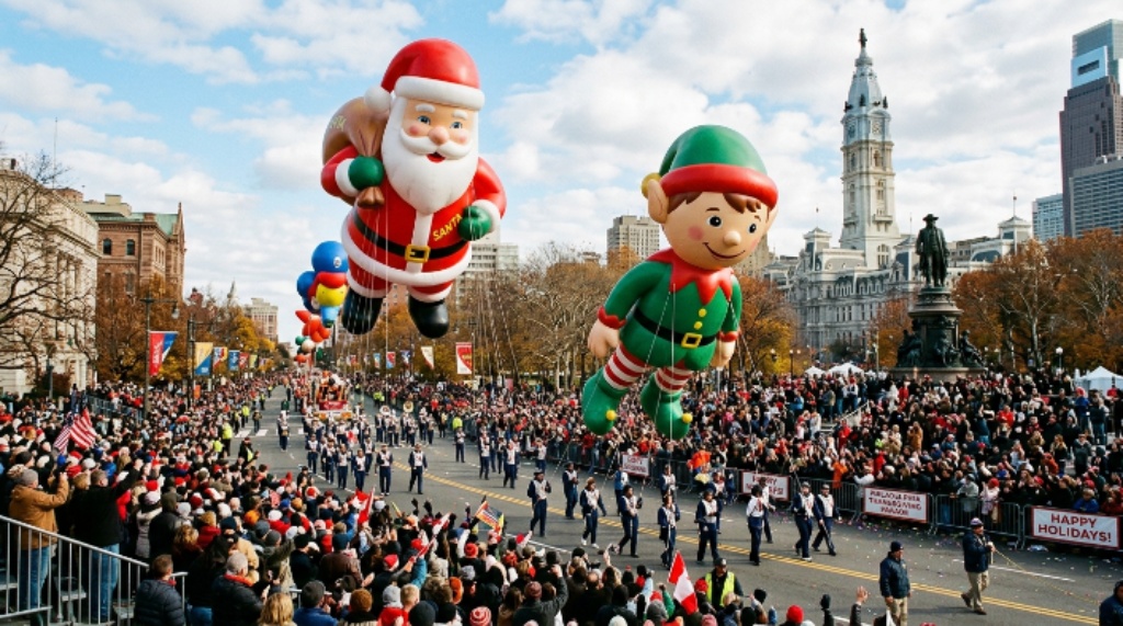 Giant holiday balloons floating above a Philadelphia Thanksgiving parade crowd