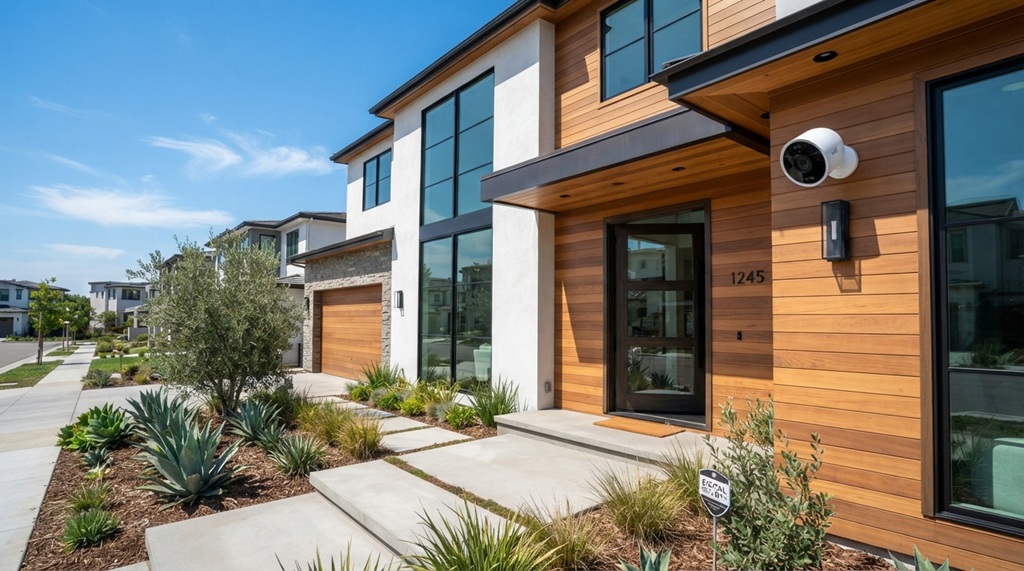 A modern California home entry with a smart outdoor security camera mounted above the door.