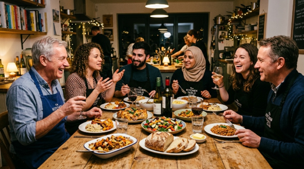 Group of home cooks enjoying a finished meal at a friendly cooking club meeting