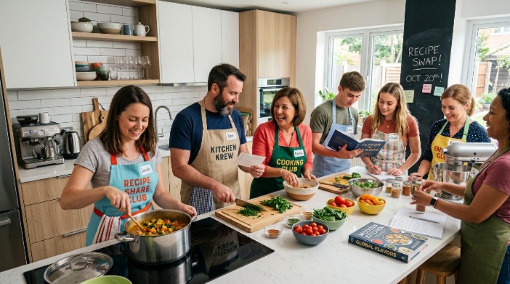 Cooking club members sharing recipes and cooking in a modern home kitchen