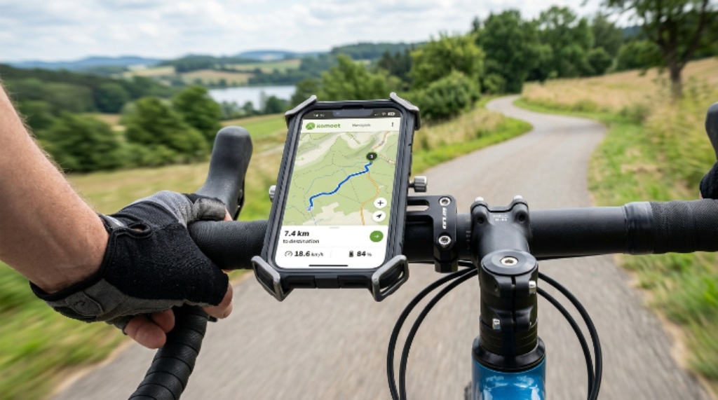 Bike handlebar phone mount showing stability and secure phone fit