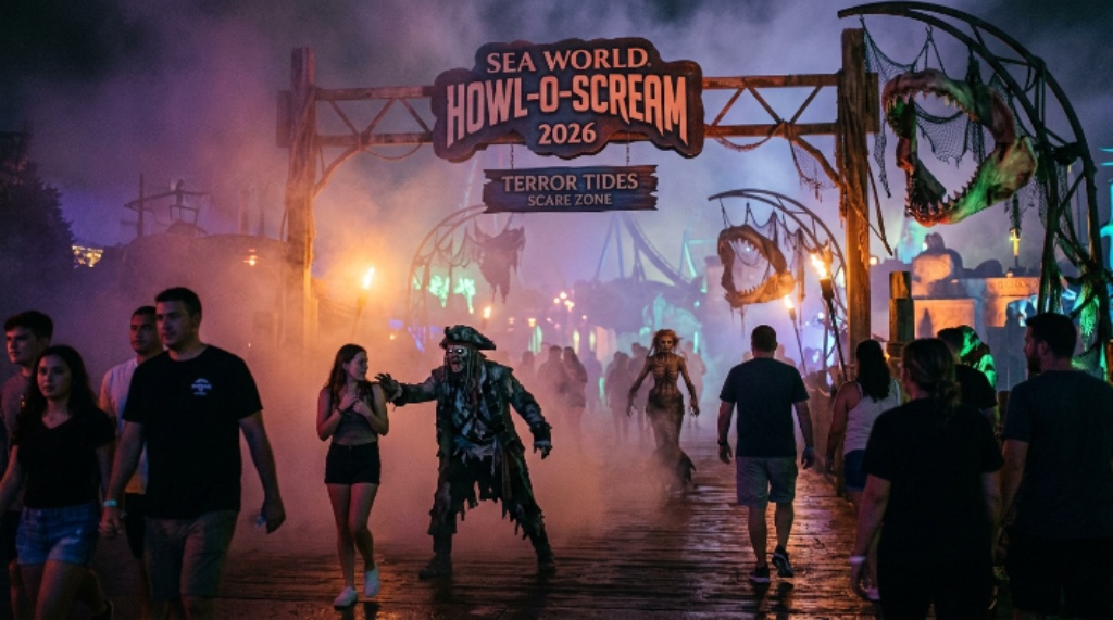 Fog-covered scare zone at SeaWorld Howl-O-Scream 2026