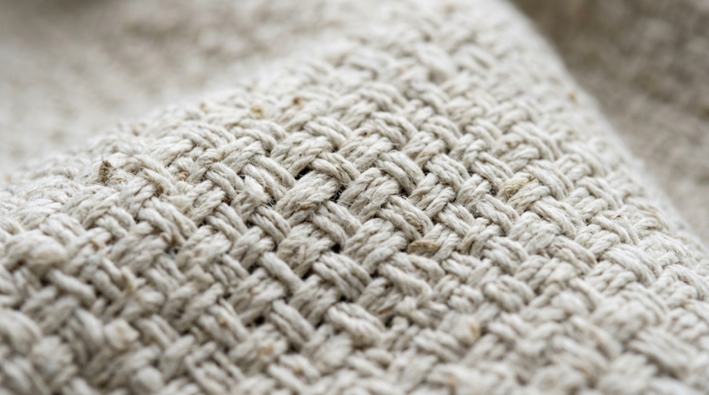 Close-up of breathable cotton and linen kitchen towel fabric texture.