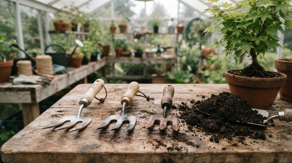 Three different metal garden hand forks resting on a wooden workbench.