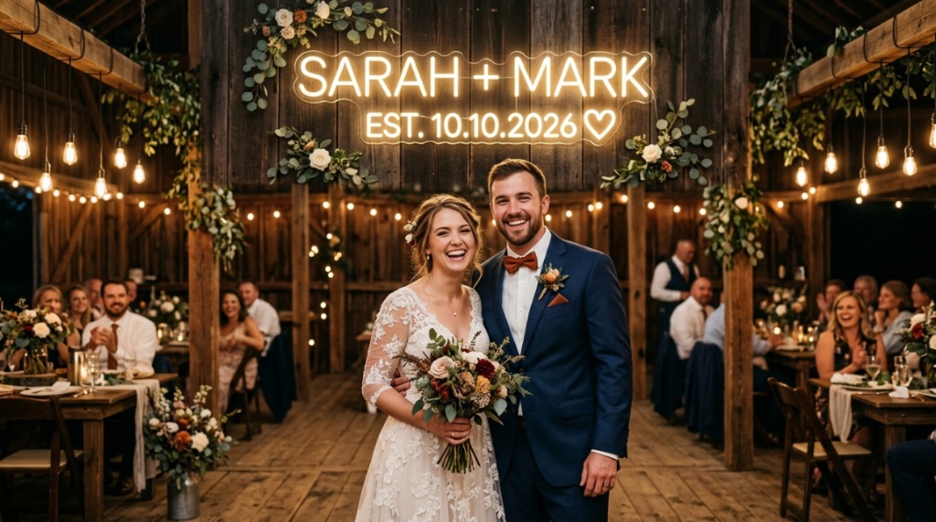Glowing pink custom neon sign mounted on greenery at an Ohio wedding reception.