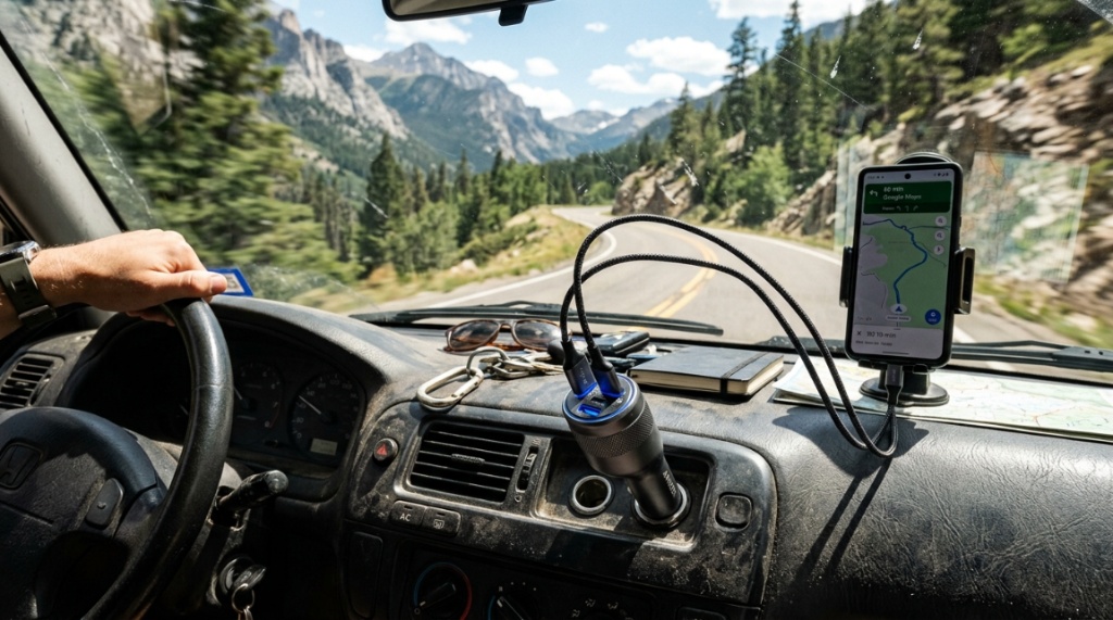Heavy-duty aluminum alloy car charger resting on a rocky dirt road.
