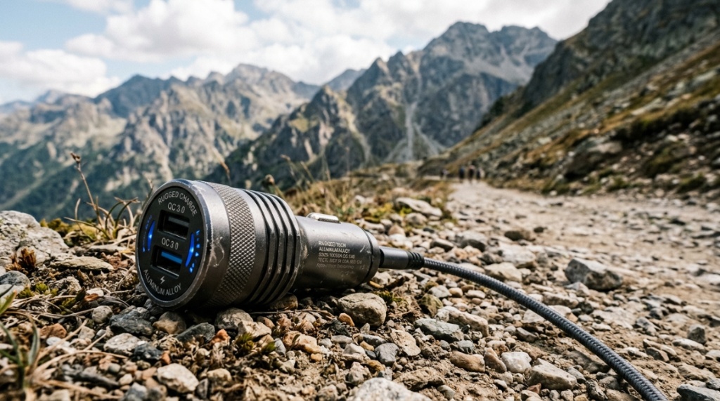 Rugged metal car charger plugged into a vehicle dashboard during a mountain trip.