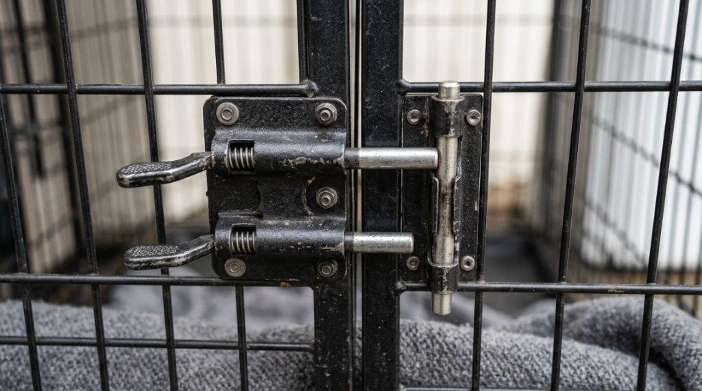 Close-up of heavy-duty secure dual-latch lock on wire crate.
