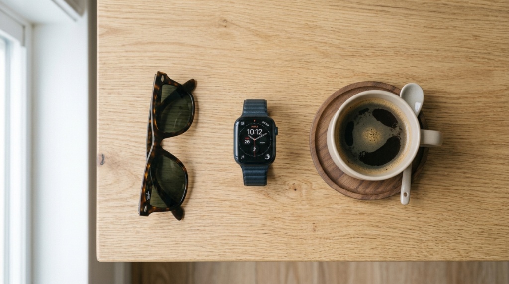 Premium smartwatch resting on a wooden desk next to sunglasses.