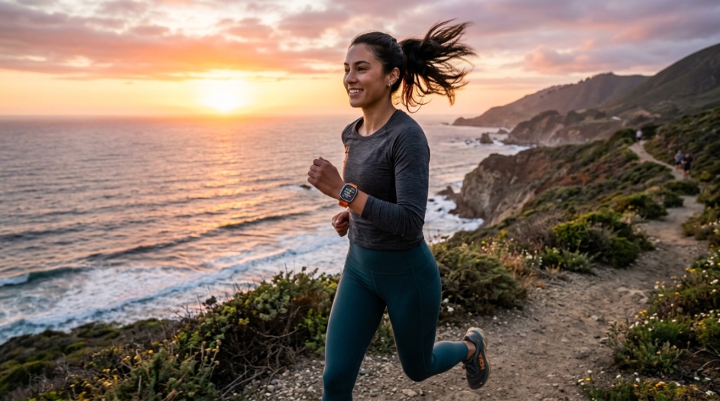 Person wearing a sleek premium smartwatch running along a sunny California coast.