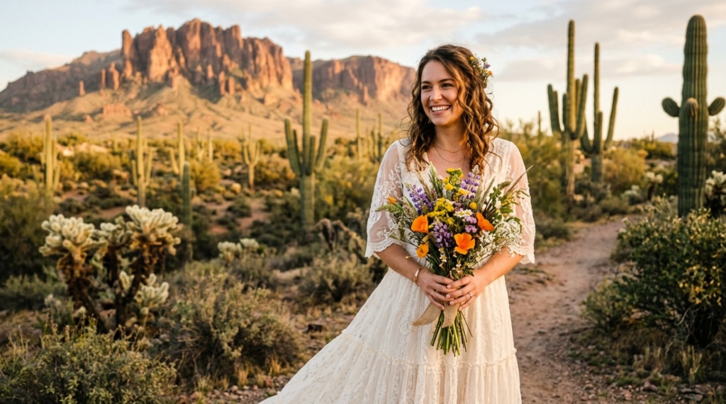 Bride holding a budget-friendly desert wildflower bouquet in Arizona.