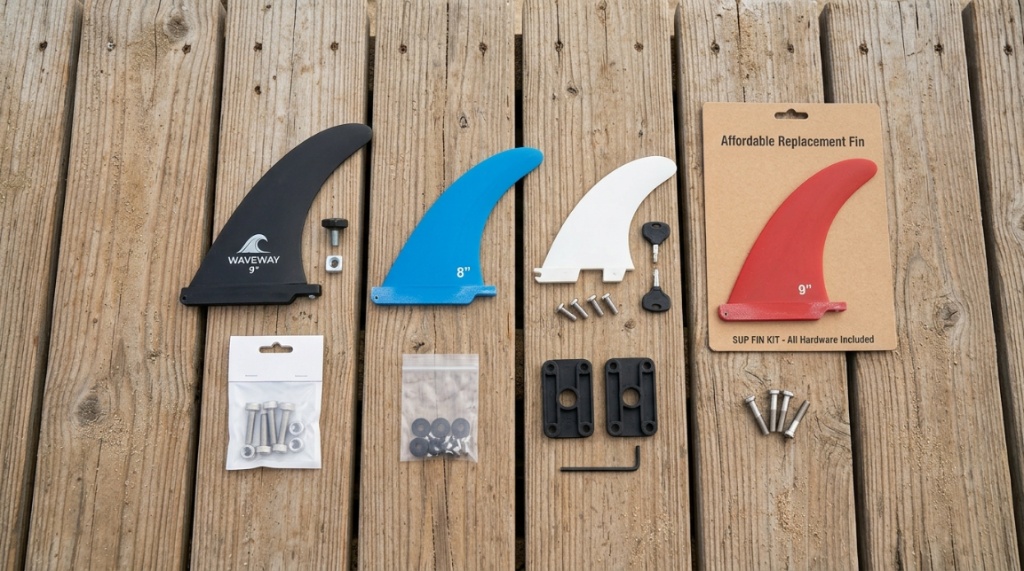 Flat lay view of various budget-friendly SUP fin kits and hardware.