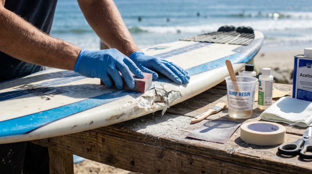 Hands sanding a surfboard ding to prepare for resin repair.