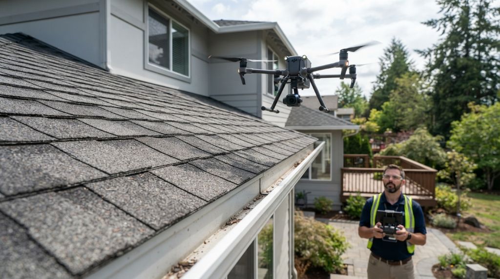 Drone inspecting a residential roof during a home inspection