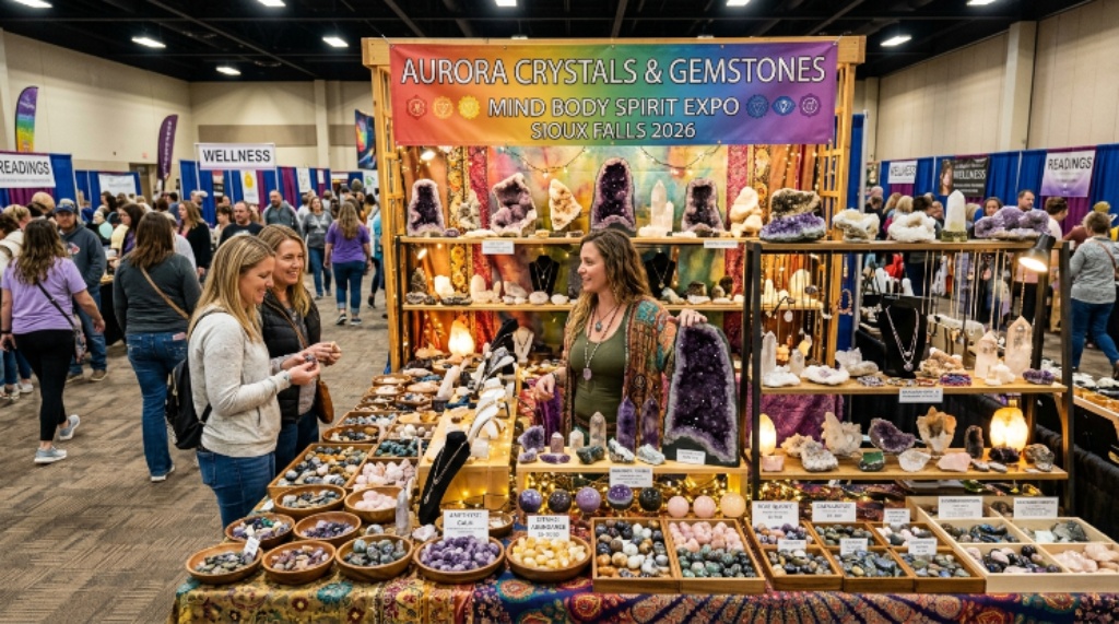 Colorful crystal and gemstone vendor booth at the Mind Body Spirit Expo Sioux Falls 2026