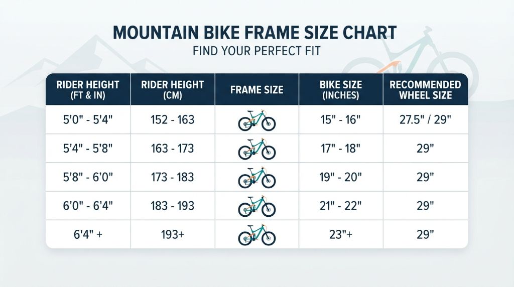 Mountain bike frame size chart for different rider heights