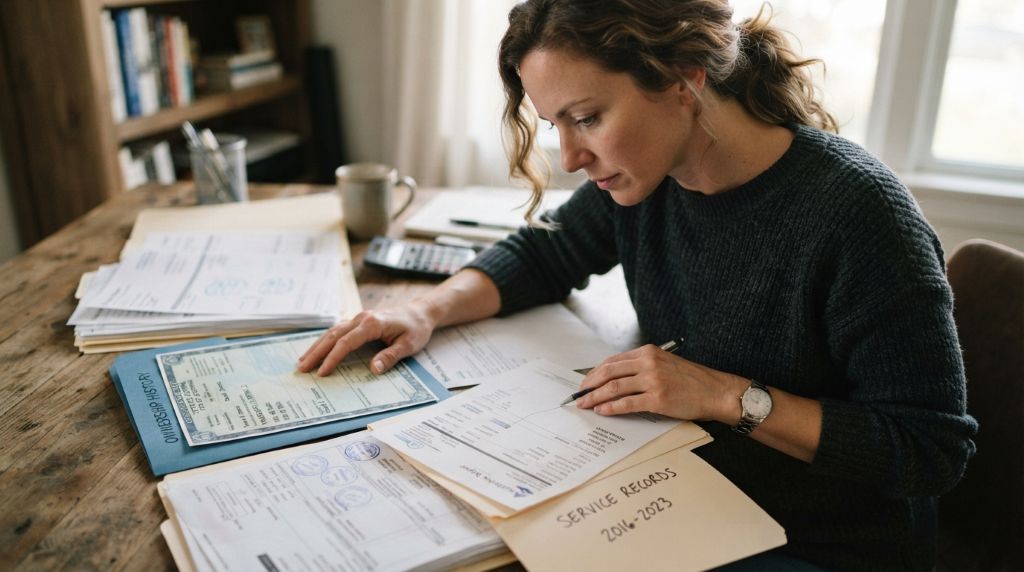 Reviewing title, ownership, and service records before buying a used car