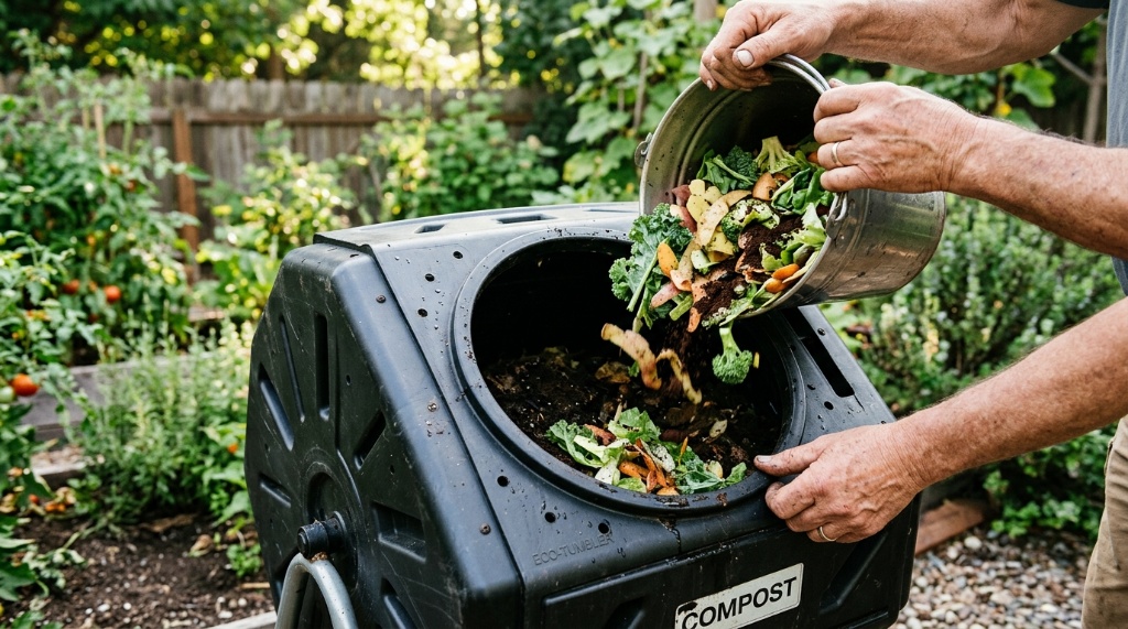 Hands adding fresh green vegetable peelings into an outdoor compost tumbler.