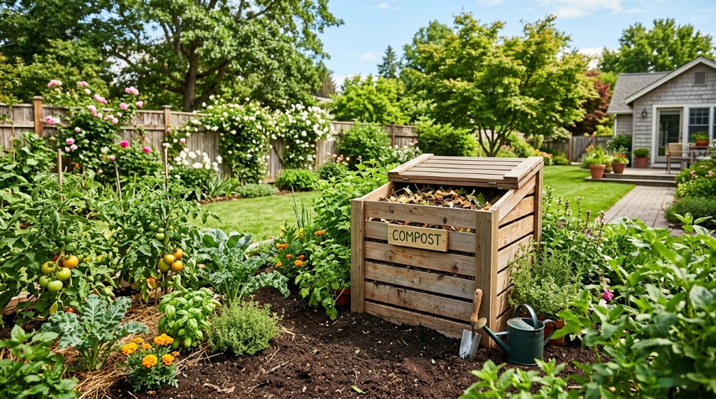 Wooden compost bin resting on rich soil in a green backyard garden.
