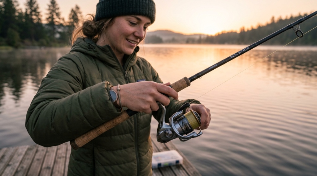 Beginner holding a fishing rod and reel combo near a calm lake.