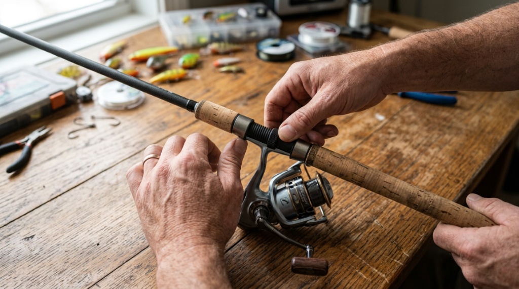 Close-up of hands assembling a spinning reel onto a fishing rod.