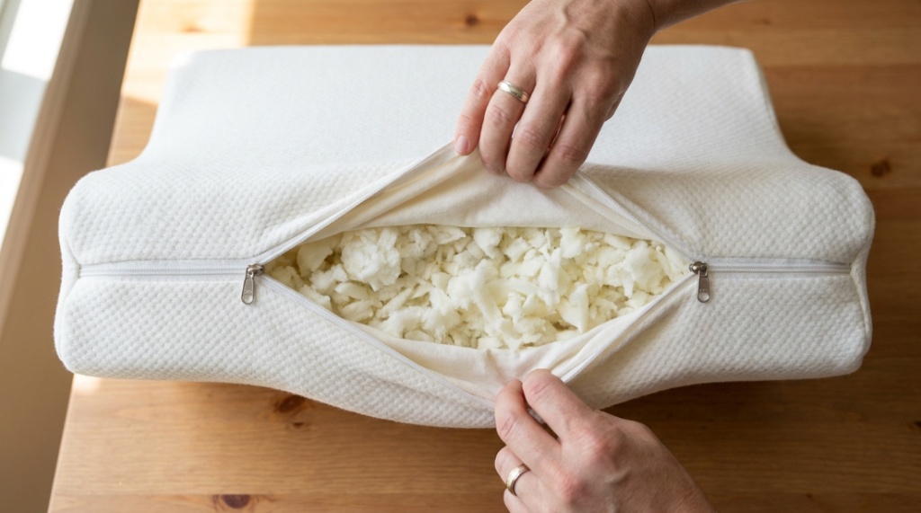 Hands opening zipper to show shredded memory foam filling inside pillow.