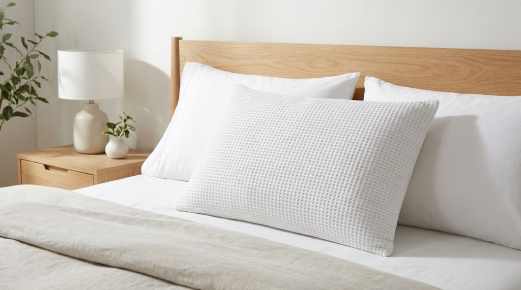 Premium Qutool cooling pillow displayed neatly on a white made bed.